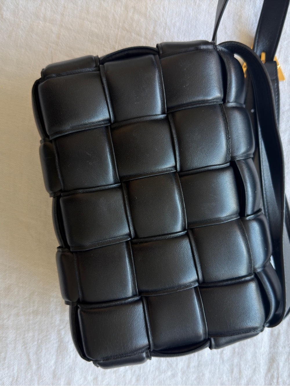 Bottega Veneta Black Intrecciato Padded Crossbody with Gold Triangle Buckle - Picture 2 of 7